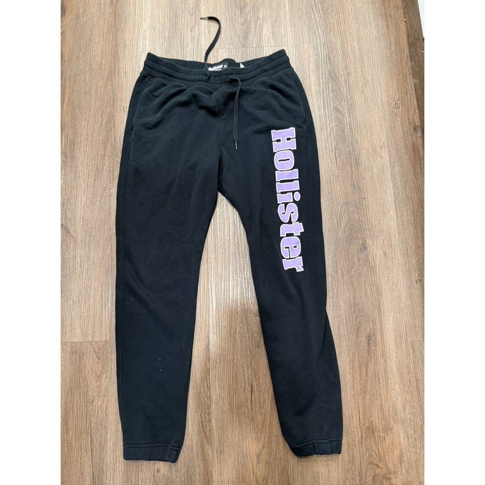 Hollister California Black Jogger Sweatpants Purple Logo Women Medium Drawstring
